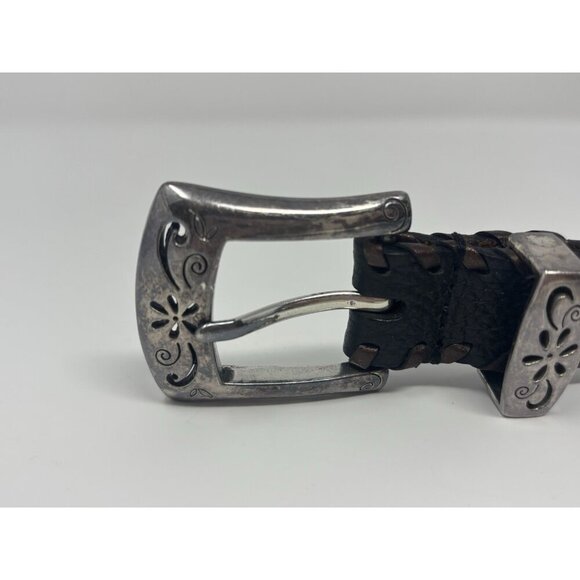 Brighton Black Leather Whipstitch Concho Belt Size M 30/32 Aged - Picture 3 of 10